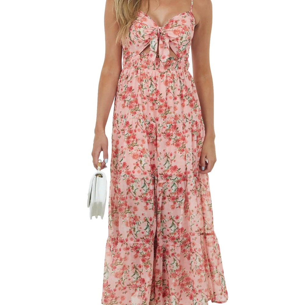 Coral Floral Print Sweetheart Neck Maxi Dress